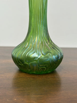 Loetz Bohemian Iridescent Art Glass Vase Green Oil Spot Bark 18cm
