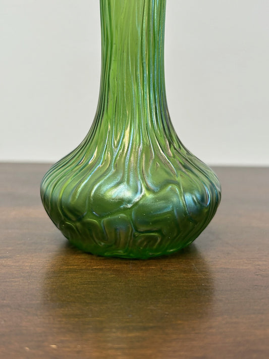 Loetz Bohemian Iridescent Art Glass Vase Green Oil Spot Bark 18cm0