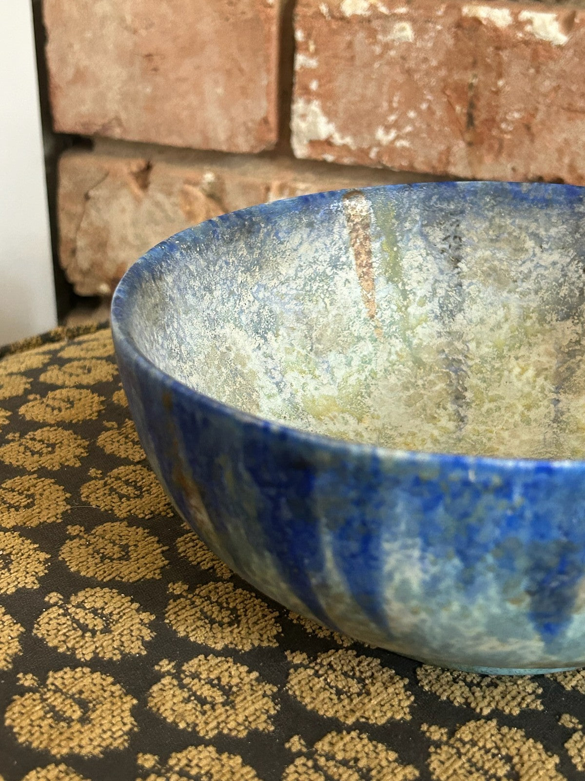 Vintage Studio Pottery Bowl Blue Drip Glaze Crackle Interior Art Pottery3
