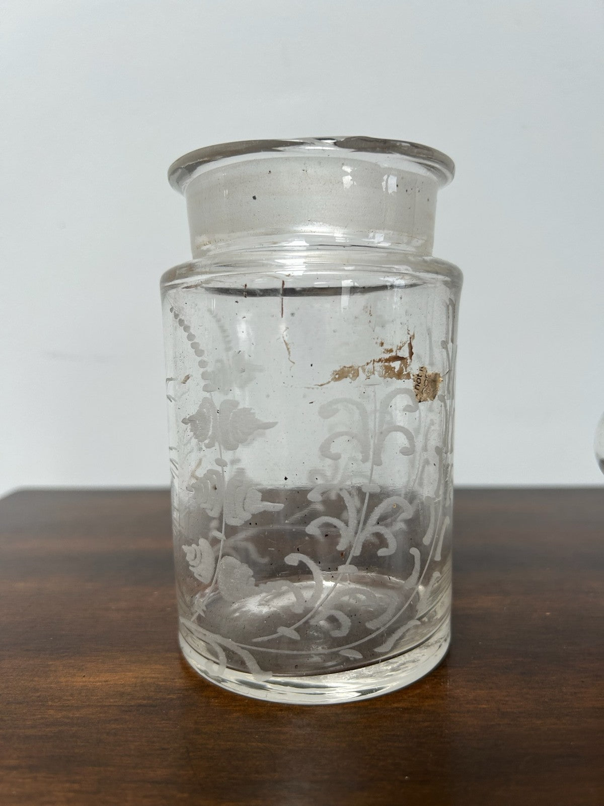 Antique Etched Glass Storage Jar Engraved Floral Pattern Replacement Lid 14cm2