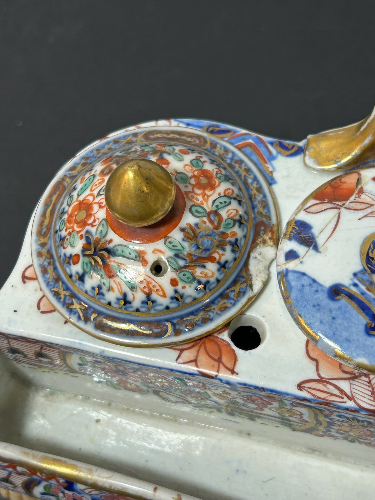 Antique Masons Patent Ironstone Imari Inkstand Desk Stand Paw Feet c1820 A/F4