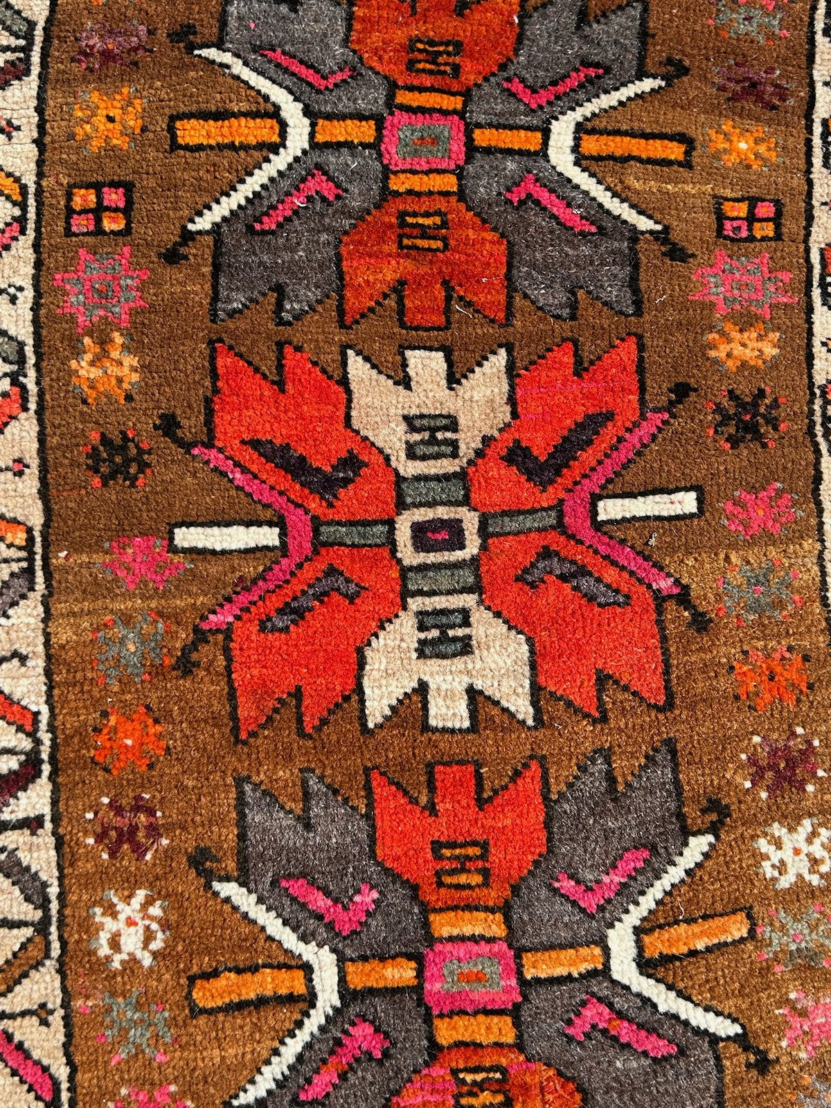Vintage Tribal Rug Anatolian Style Red Orange Brown Geometric Hooked Medallions9