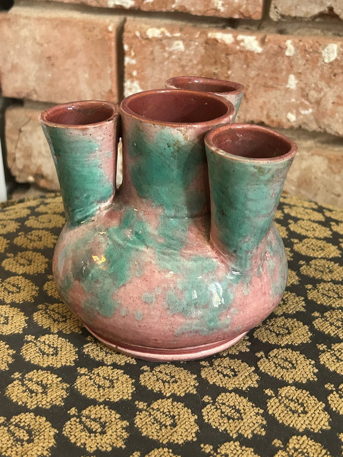 Vintage Studio Pottery Five Neck Vase Pink Green Drip Glaze Tulip Vase Retro1
