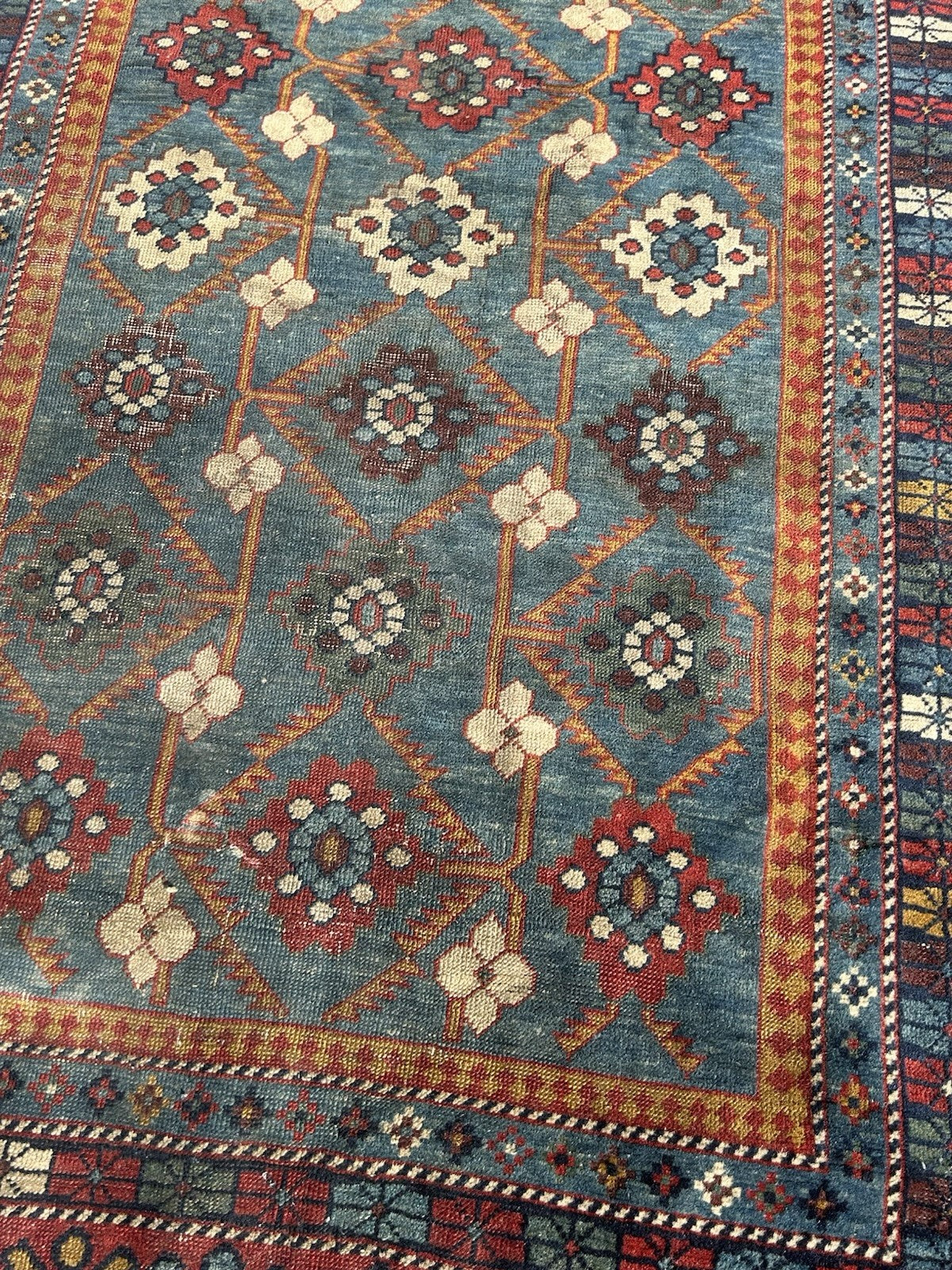 Antique Caucasian Kuba Rug c1900 Blue Lattice Chichi Hand Knotted Wool 127x155cm8