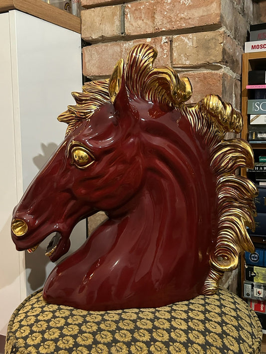 Large Italian Pottery Horse Head Bust Sculpture Oxblood Red Gold Mane Signed0