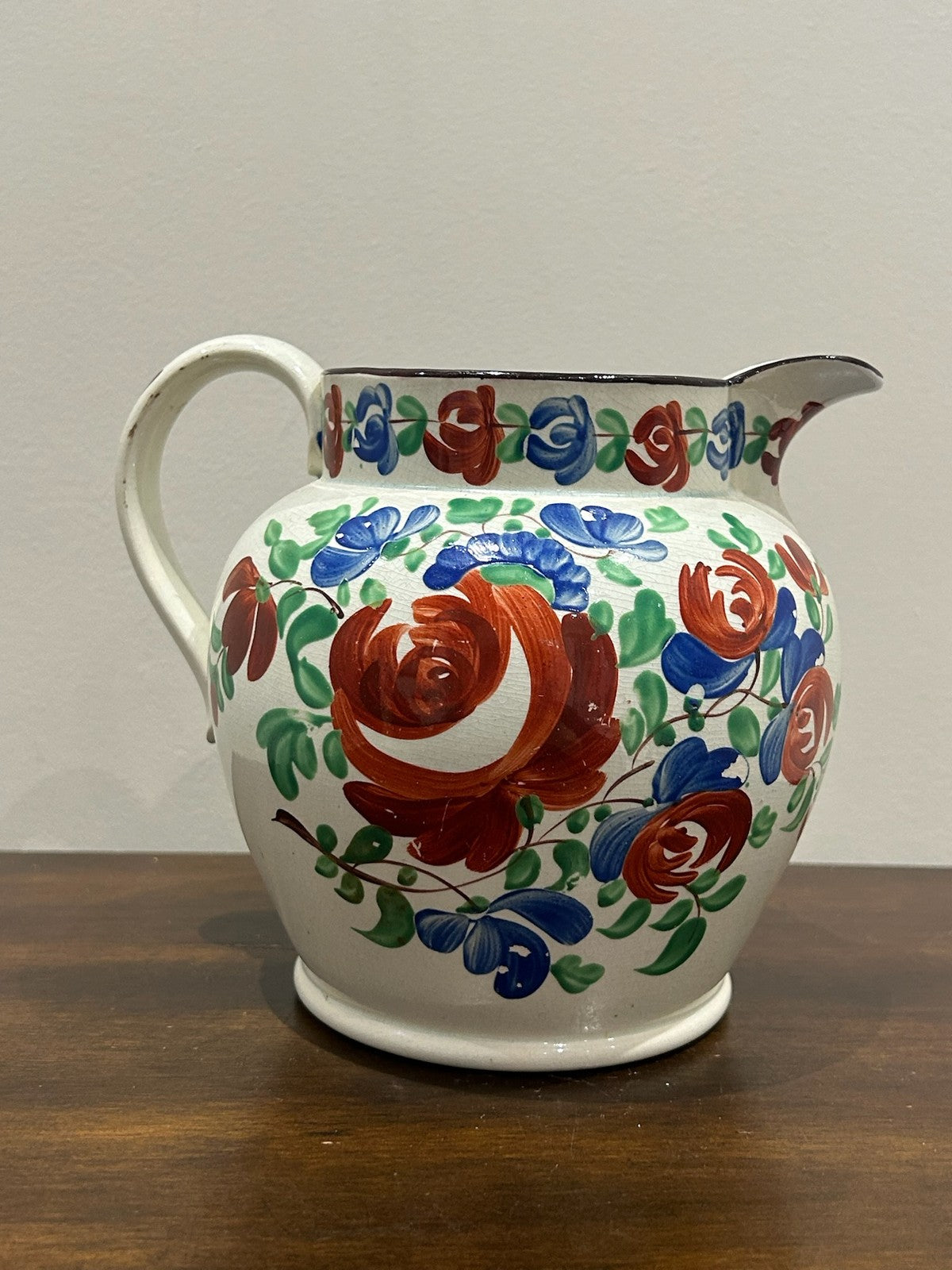 Georgian Pearlware Jug Hand Painted Enamel Red Roses Blue Border c.18202