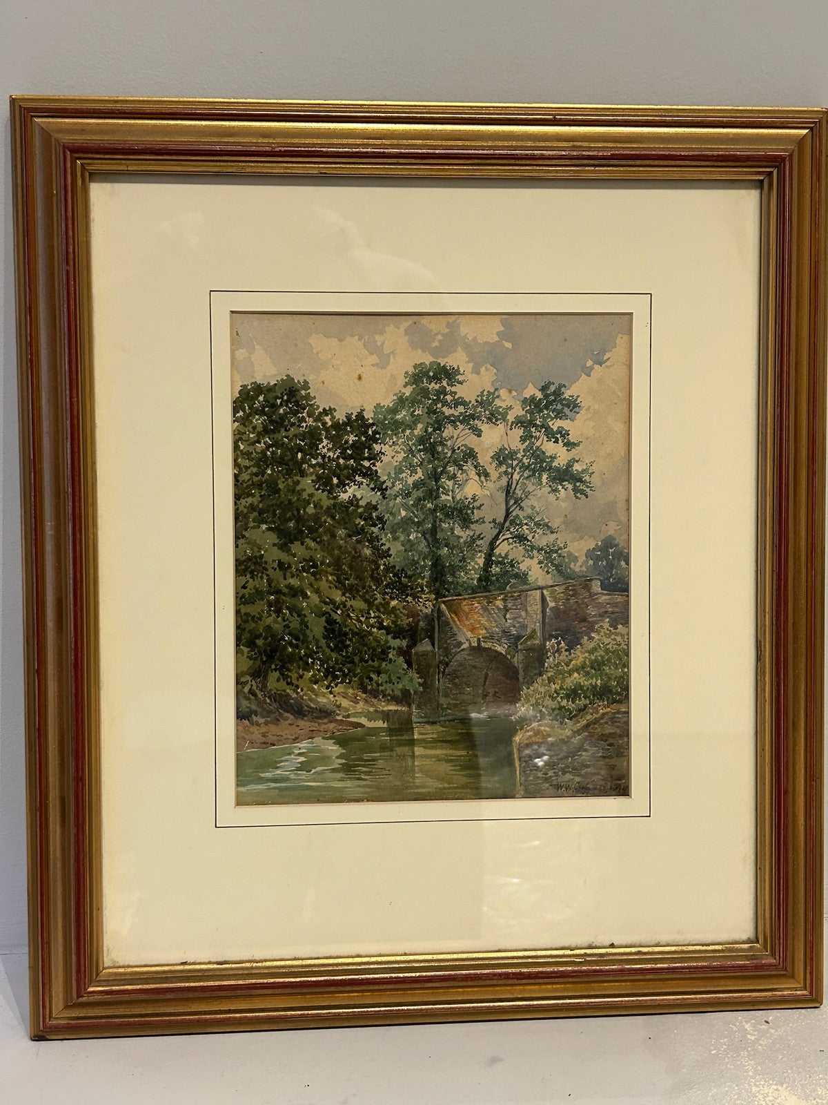 Antique Watercolour River Landscape Large Tree Figure on Bank Framed 43x50cm0