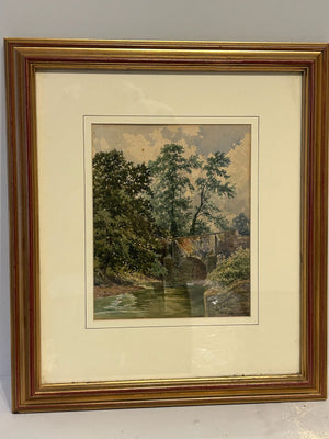 Antique Watercolour River Landscape Large Tree Figure on Bank Framed 43x50cm