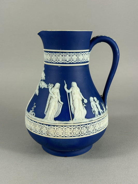 Antique Wedgwood Blue Jasperware Classical Relief Pitcher 18cm