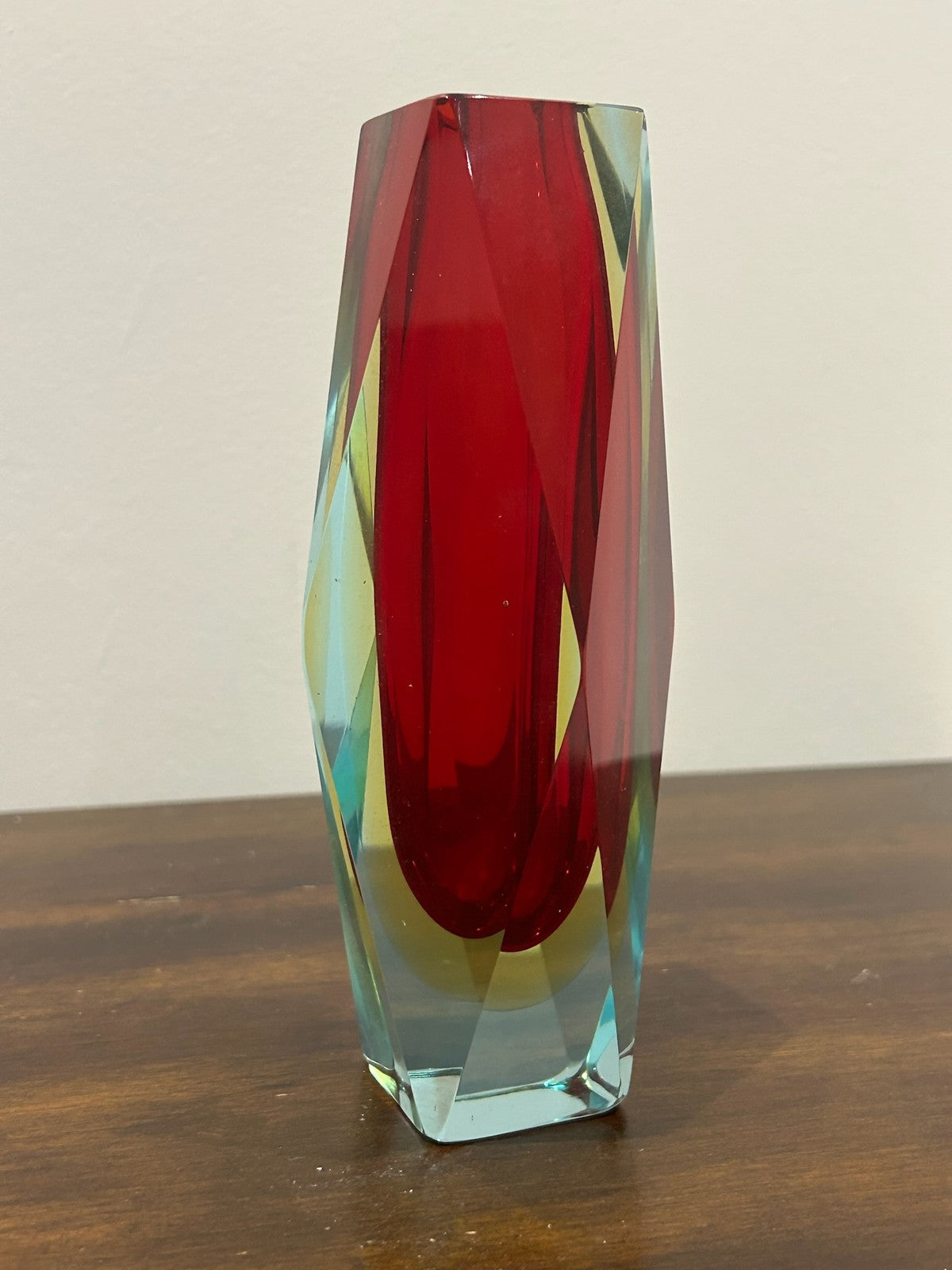 Murano Sommerso Faceted Glass Vase Red Yellow Mid Century2