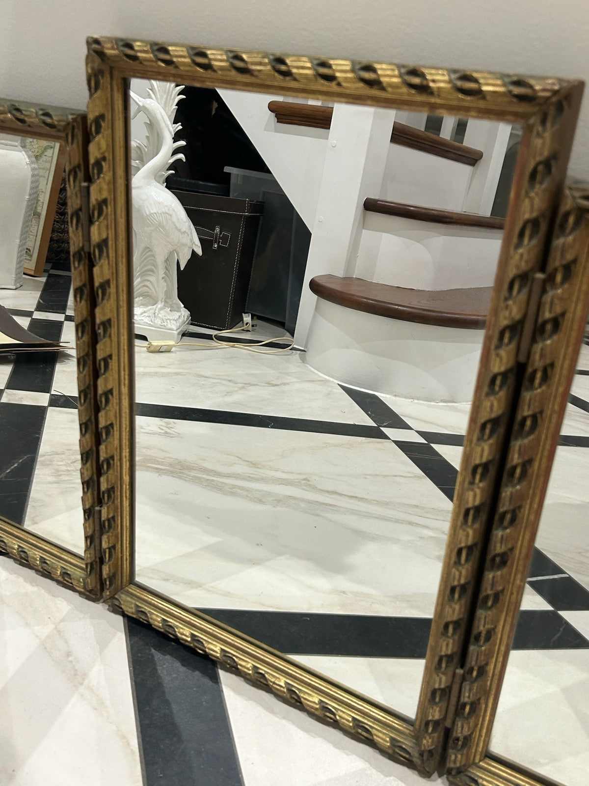 Antique Three Piece Dressing Table Mirror Gold Frame Vintage Vanity 49x70cm5