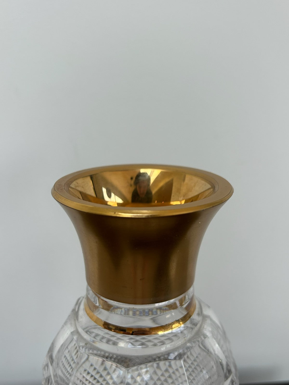 Bohemian Diamond Cut Crystal Vase Gilt Mounted Rim & Foot 25cm8
