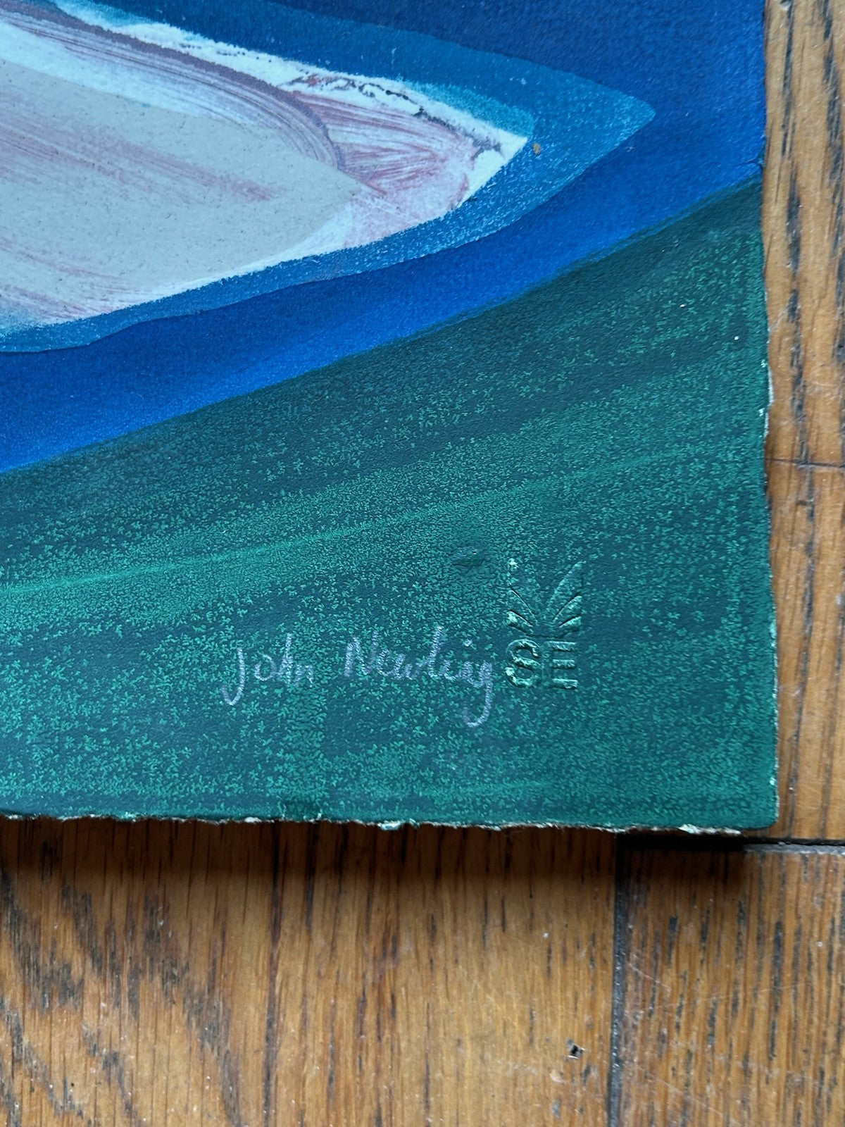 John Newling Signed Mixed Media on Paper Castle & Fish Blindstamp 108cm1