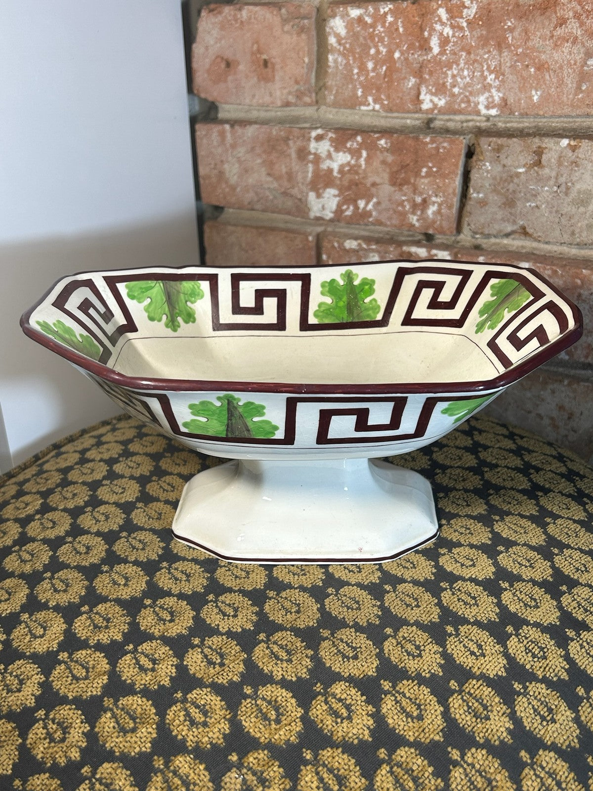 Antique Creamware Footed Dessert Dish Greek Key Green Leaves Octagonal c18101