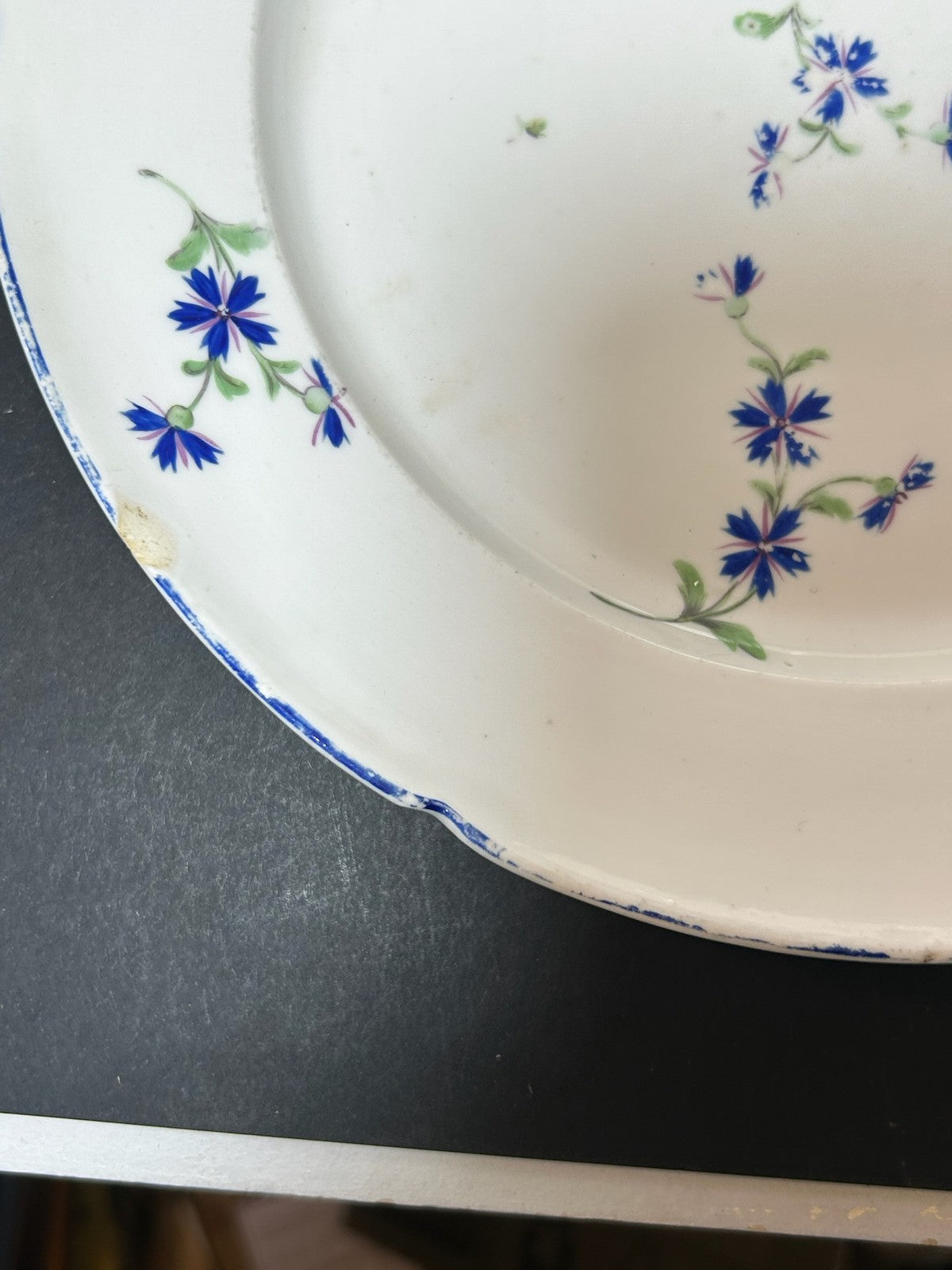 Pair Antique Plates Blue Cornflower Sprig Barbeau Pattern Blue Rim 24cm4