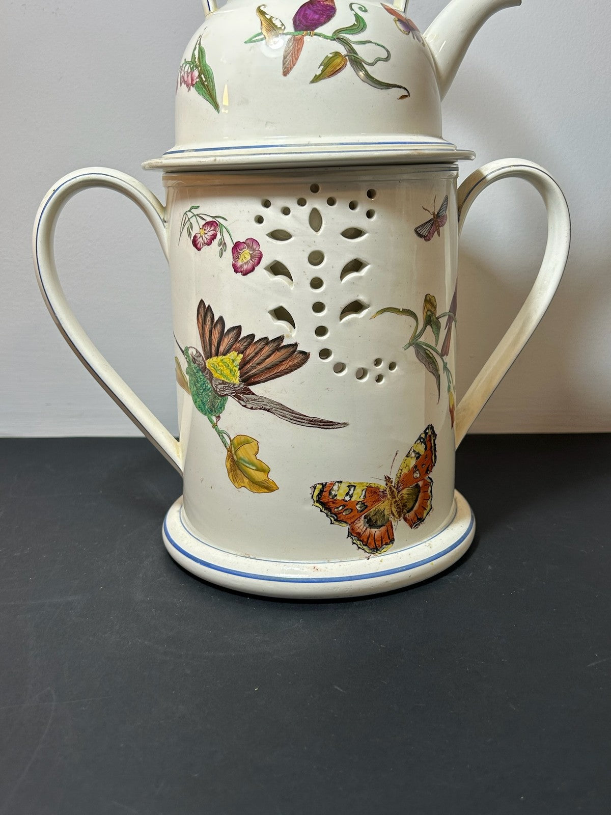 Antique Wedgwood Creamware Veilleuse Tea Warmer Painted Birds Butterflies c18209