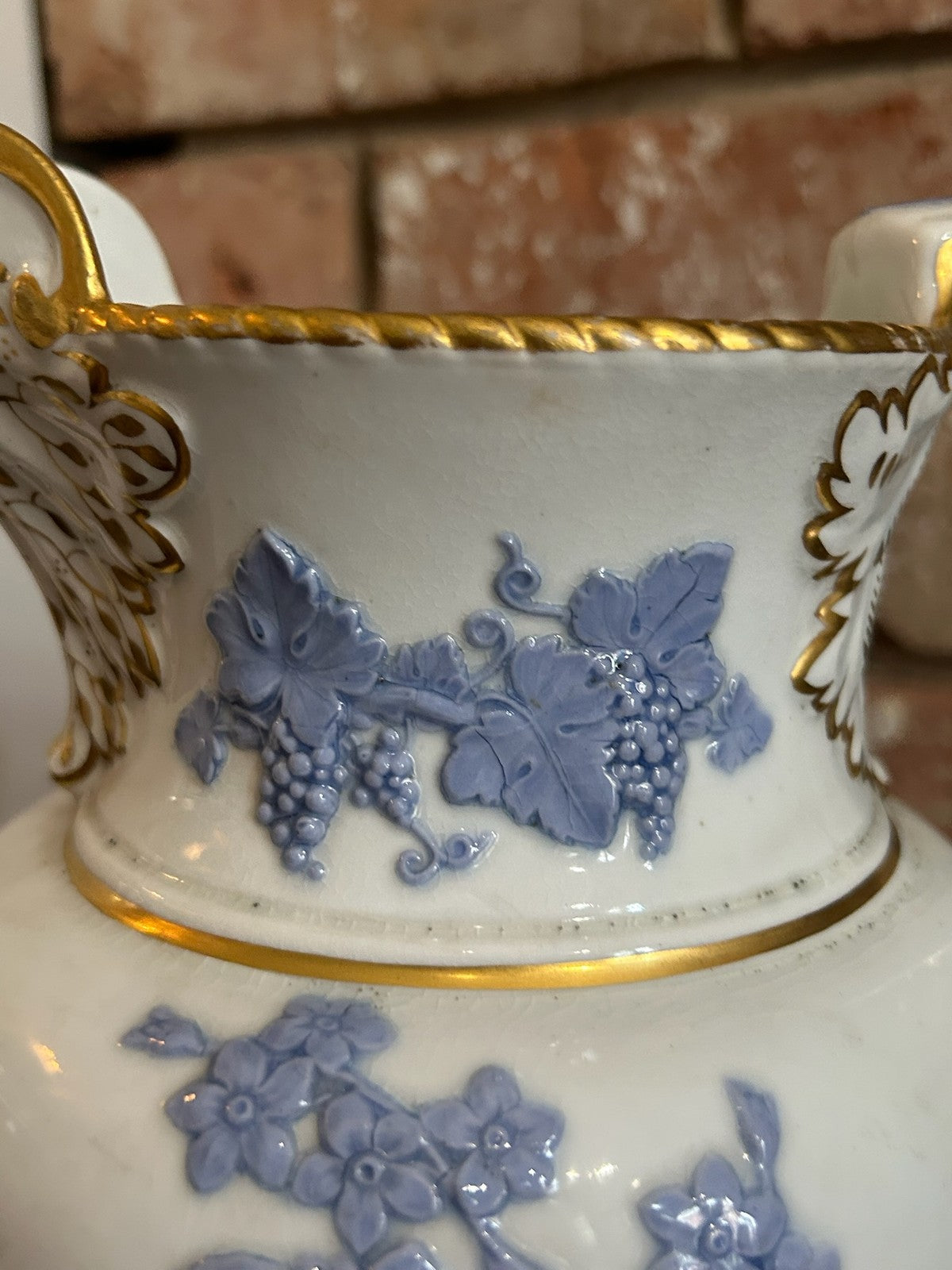 Antique Relief Moulded Jug Blue Sprigged Flowers Grapes Gilt Rim Victorian7