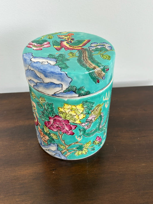 Chinese Famille Rose Green Ground Lidded Caddy Birds & Flowers 15cm0