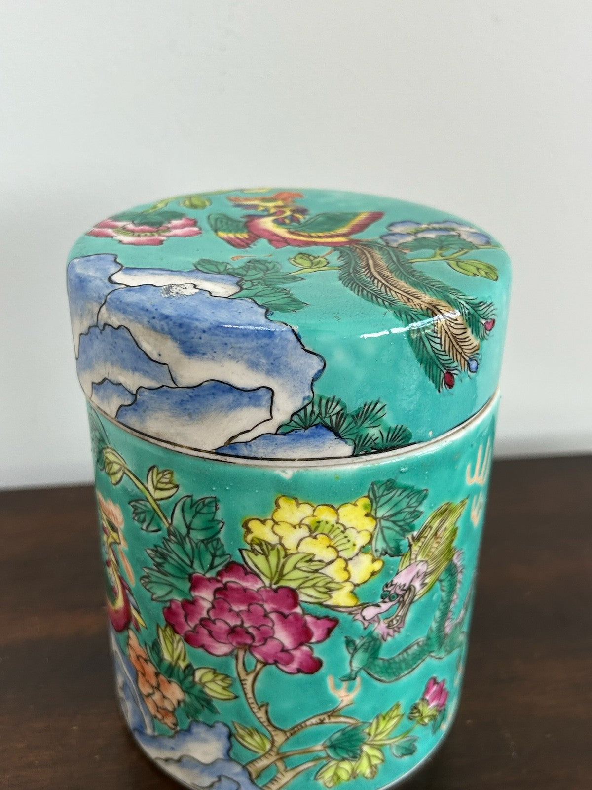 Chinese Famille Rose Green Ground Lidded Caddy Birds & Flowers 15cm2