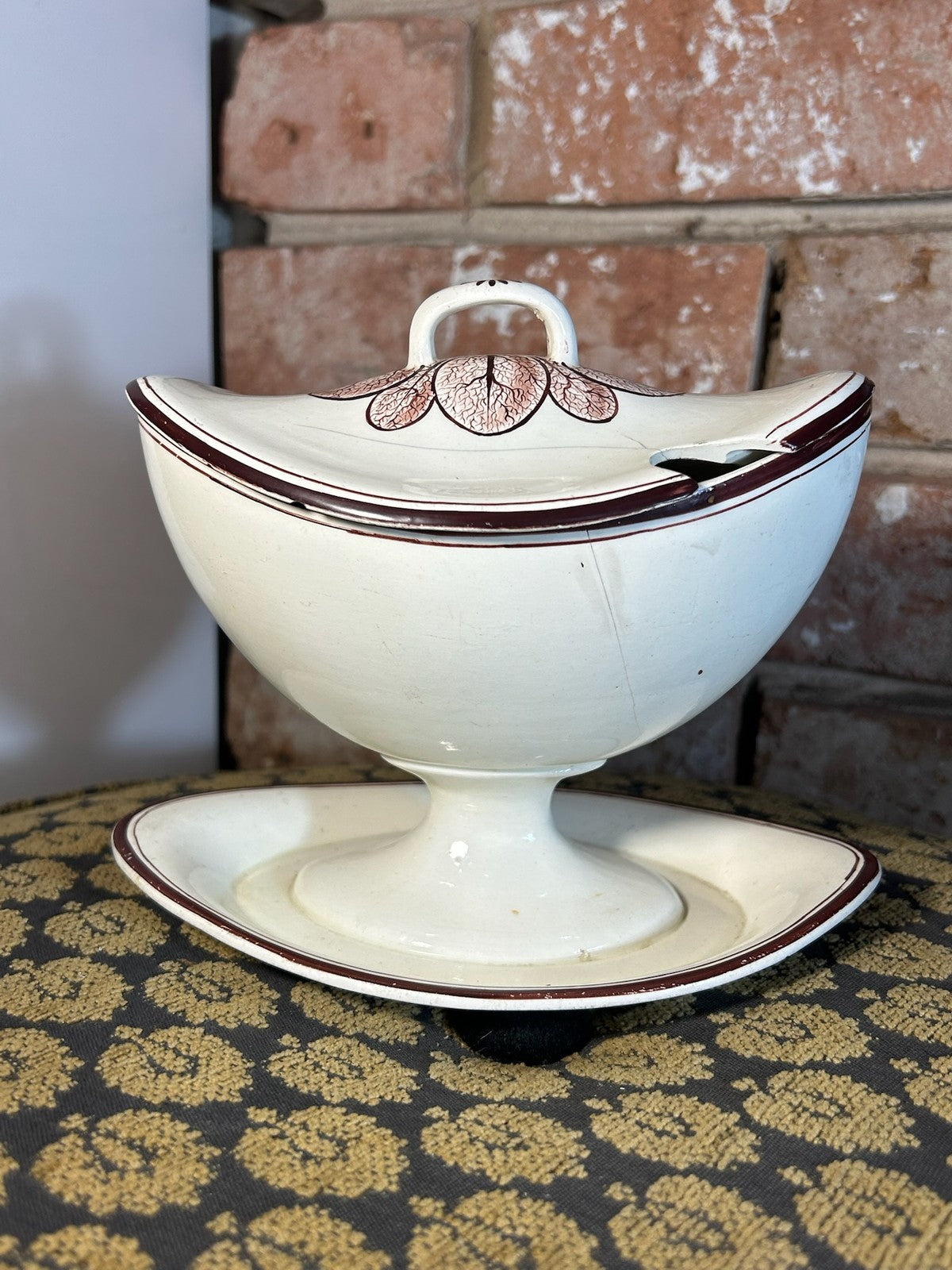 Antique Creamware Sauce Tureen Cover and Stand Brown Line Rims c18003