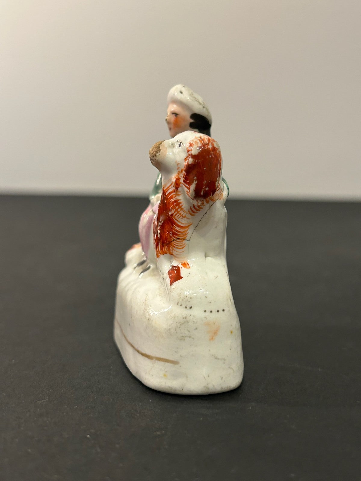 Antique Victorian Staffordshire Miniature Figure Boy Seated on Spaniel Dog 7cm3