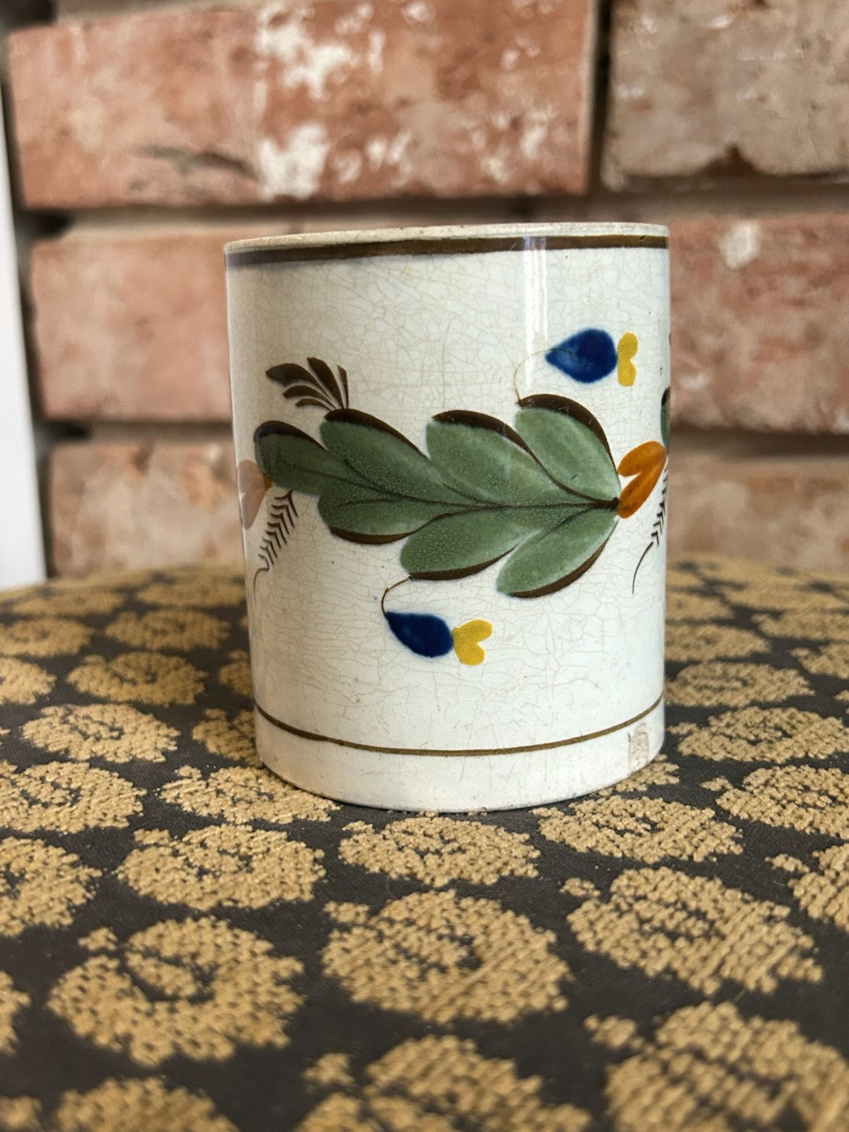 Antique English Pearlware Mug Hand Painted Green Leaves Blue Flowers Pattern No7