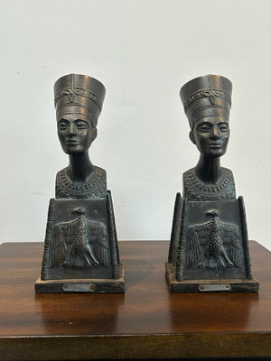Pair Antique 1920s Egyptian Revival Spelter Nefertiti Busts Wooden Base 22cm