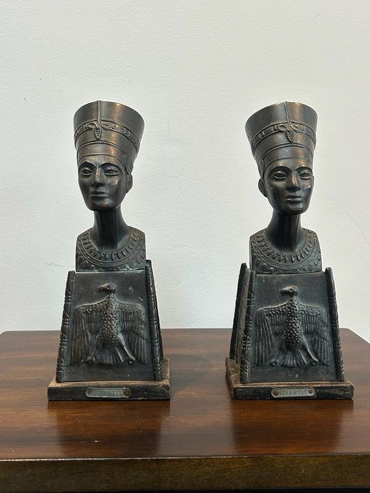Pair Antique 1920s Egyptian Revival Spelter Nefertiti Busts Wooden Base 22cm0