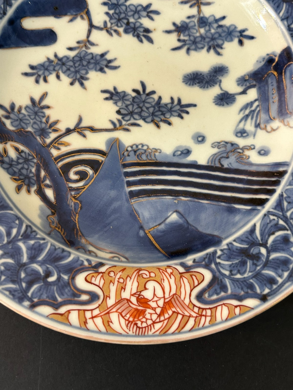 18th Century Japanese Arita Imari Dish Edo Pine Waves Chenghua Mark 23cm4
