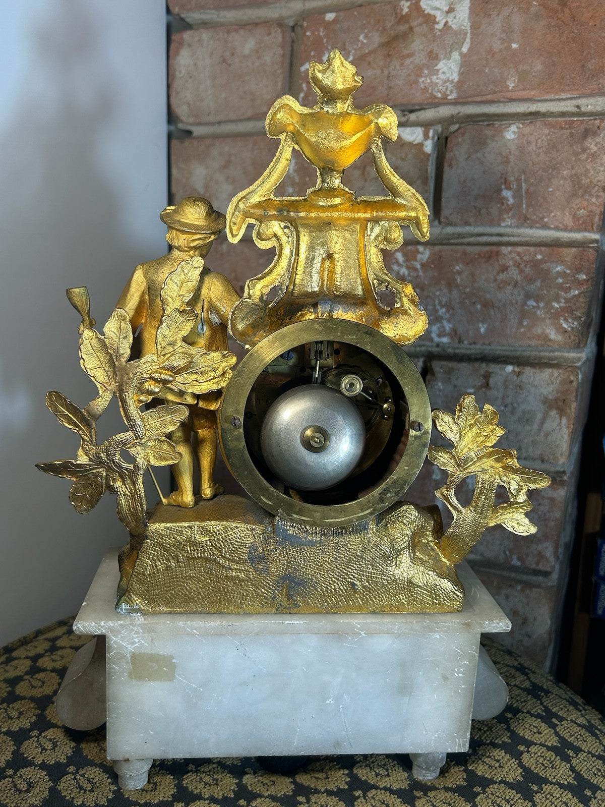Antique French Gilt Metal Figural Mantel Clock White Marble Base Bell Strike13