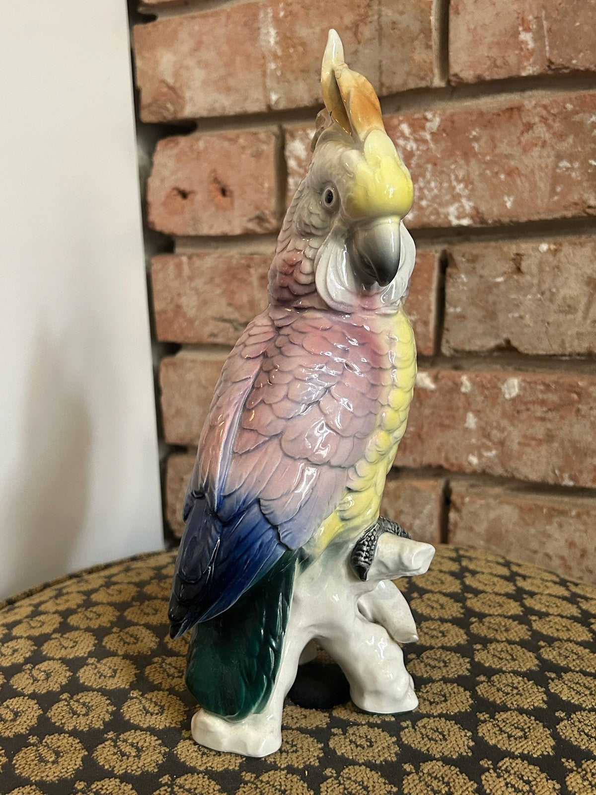 Vintage Continental Porcelain Cockatoo Bird Figurine Pink Yellow Crest Perched2