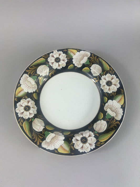 Rare Ashworth Ironstone Black Ground Floral Dinner Plate 26cm
