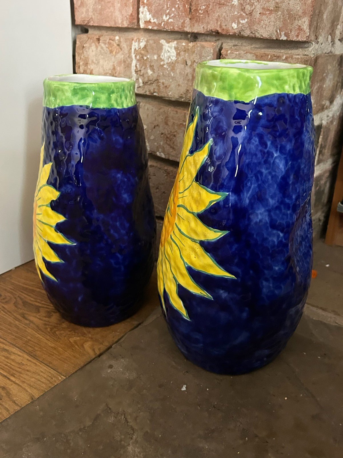 Pair Italian Hand Painted Ceramic Vases Sun Face Sunflower Cobalt Blue Signed3