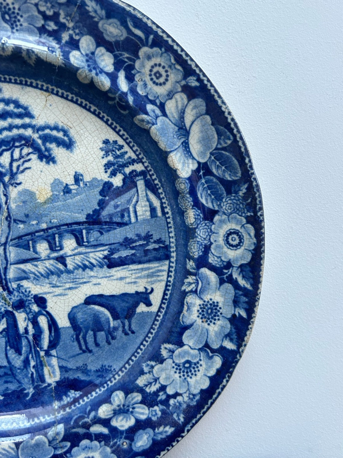Antique Staffordshire Blue White Plate c1820 Landscape Floral Border Transfer5