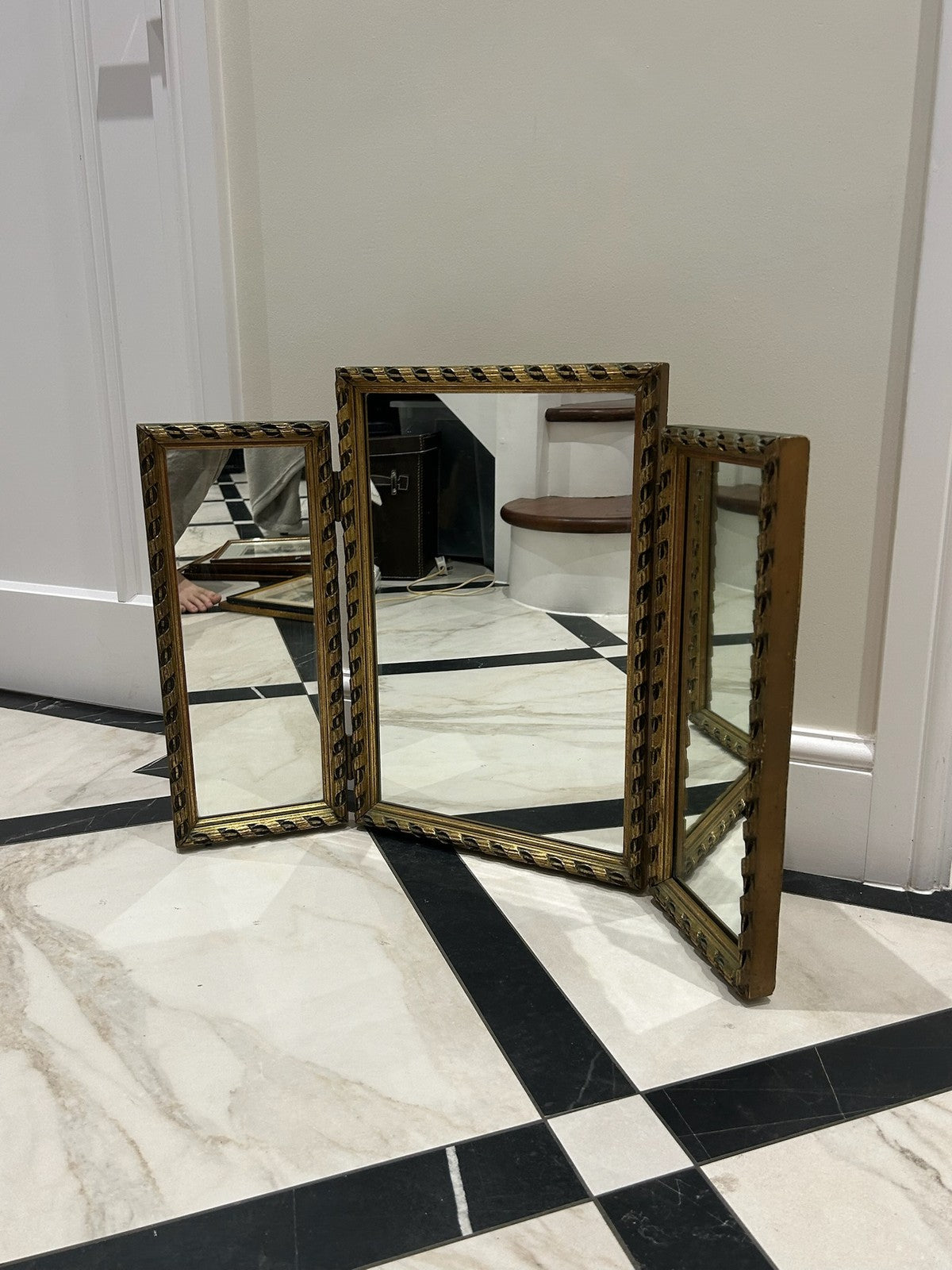 Antique Three Piece Dressing Table Mirror Gold Frame Vintage Vanity 49x70cm7