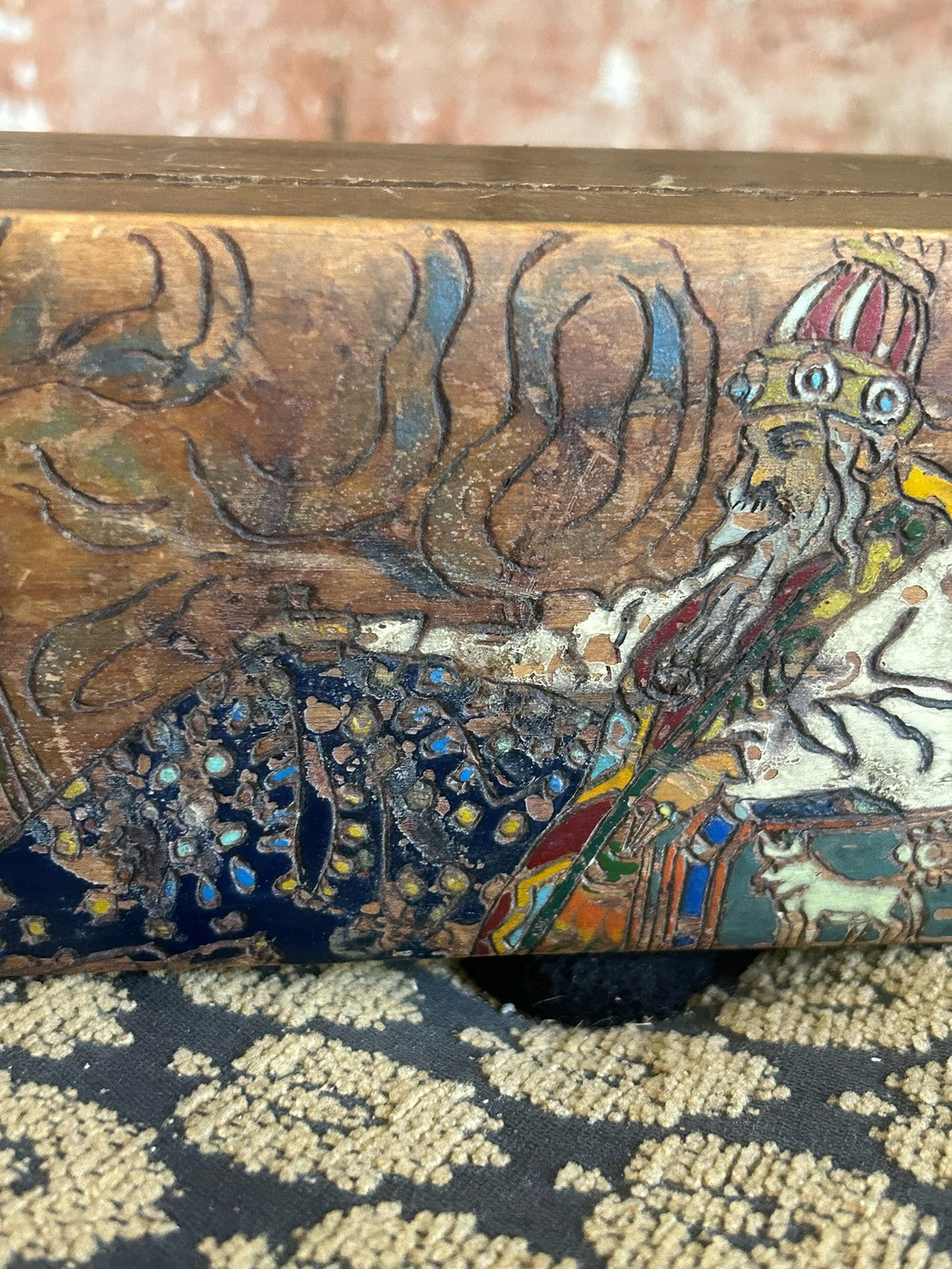 Vintage Carved Painted Wooden Box Relief Figure Deity Polychrome Hinged Lid4
