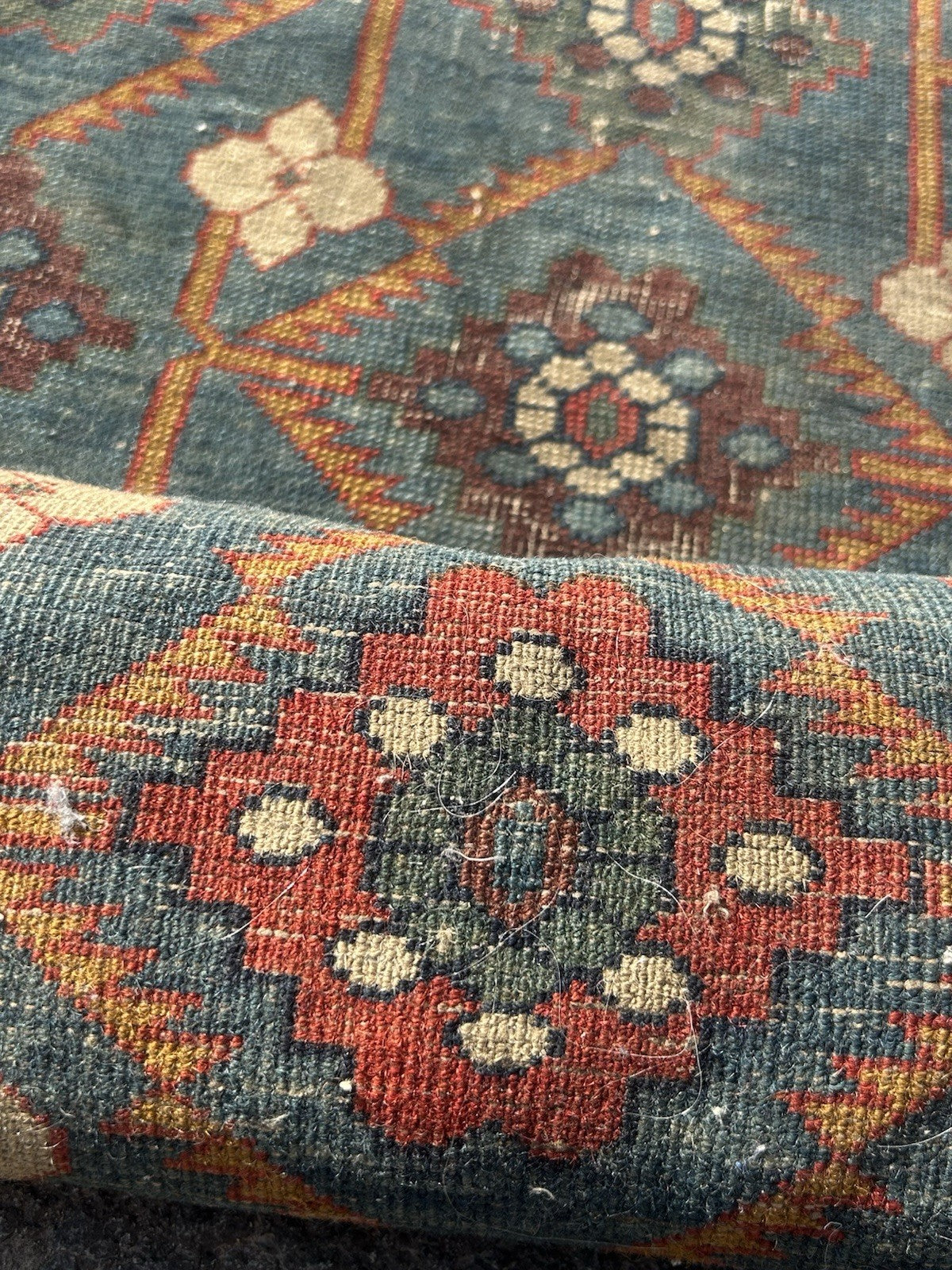 Antique Caucasian Kuba Rug c1900 Blue Lattice Chichi Hand Knotted Wool 127x155cm19