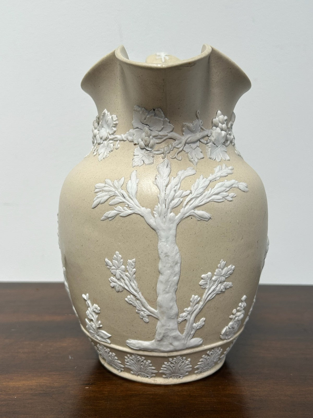 Antique Relief Moulded Stoneware Jug Wedgwood Style Buff White Sprigged c18300