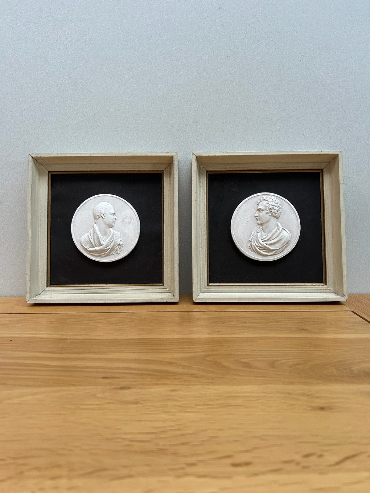 Pair Antique Plaster Relief Portrait Medallions Walter Scott & Lord Byron Framed0