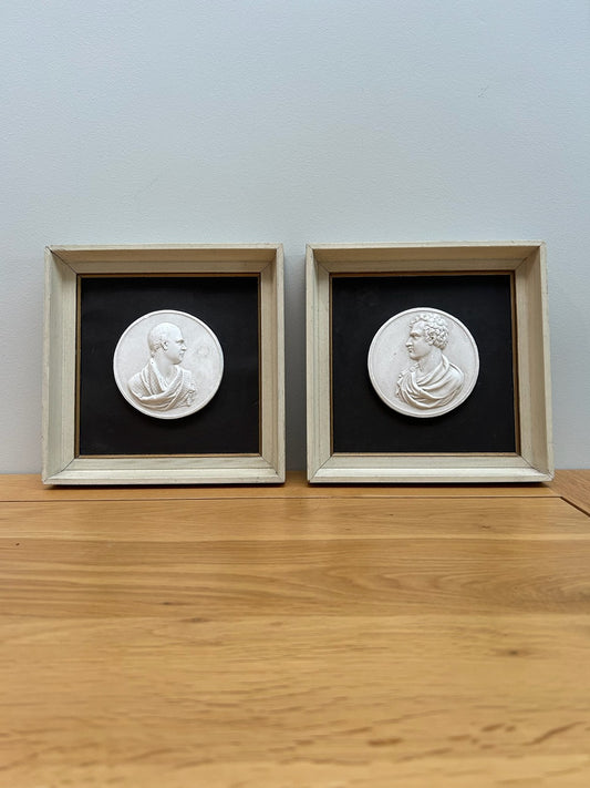Pair Antique Plaster Relief Portrait Medallions Walter Scott & Lord Byron Framed0
