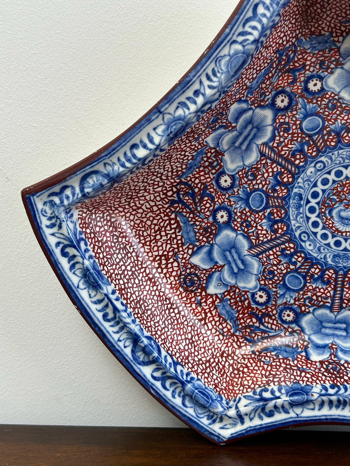Antique Staffordshire Blue Puce Transfer Shaped Dish Old Staple Repairs1