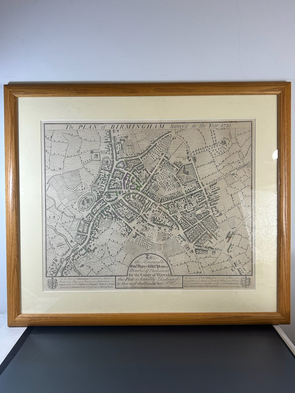 William Westley Plan of Birmingham 1731 18th Century Engraved Town Plan Framed0