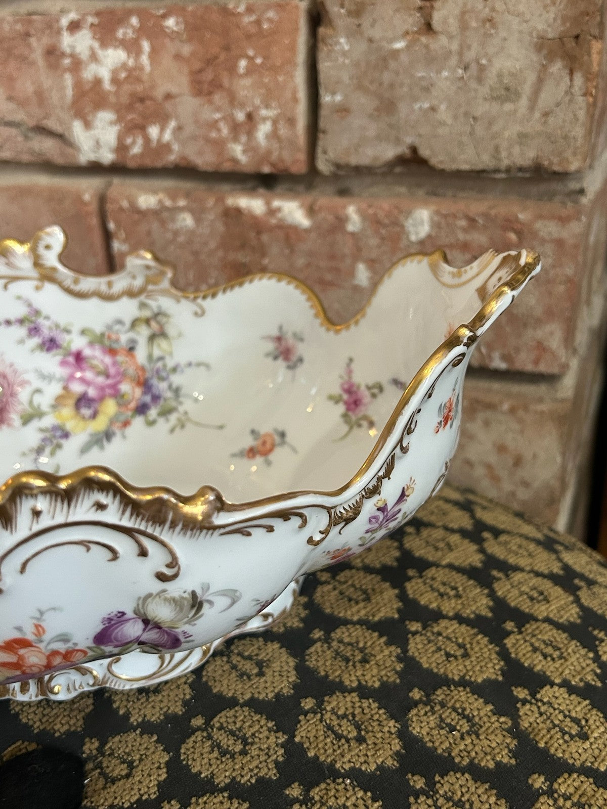 Dresden Porcelain Shaped Dish Hand Painted Flowers Gilt Scroll Rim Crown Mark7