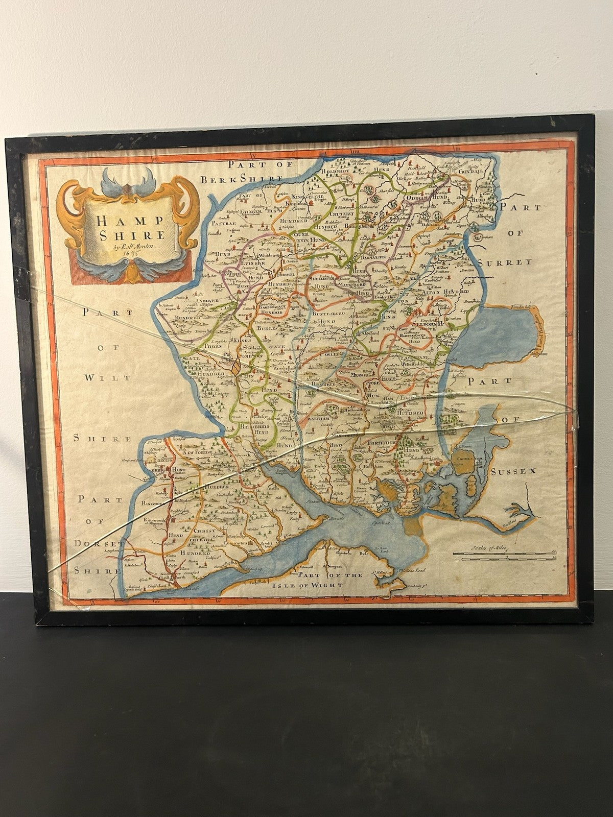 Antique Hampshire Map Robert Morden 1695 Camden Britannia Hand Coloured Framed0