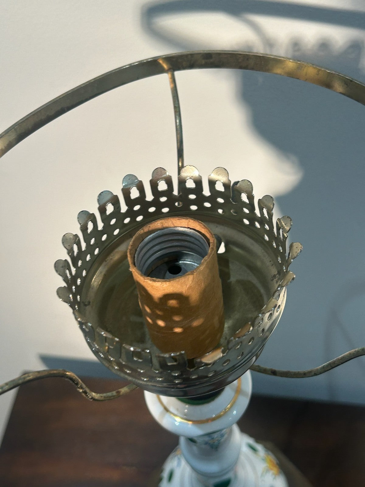 Antique Bohemian Overlay Glass Oil Lamp White Cut Green Hand Enamelled Brass14