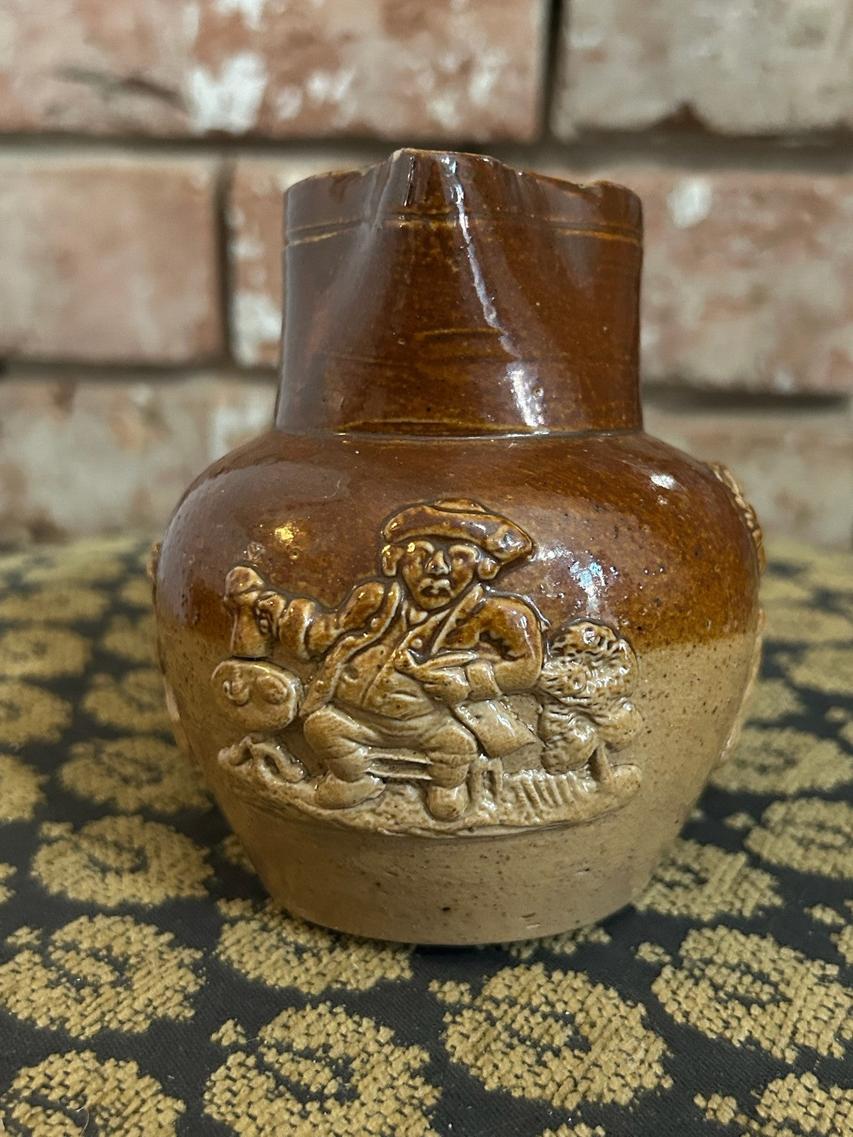 Antique Brown Salt Glaze Stoneware Jug Sprigged Hunting Relief Doulton Style1