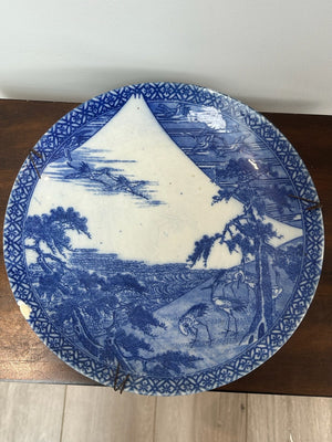 Japanese Blue & White Mount Fuji Landscape Plates A/F Rim Chip