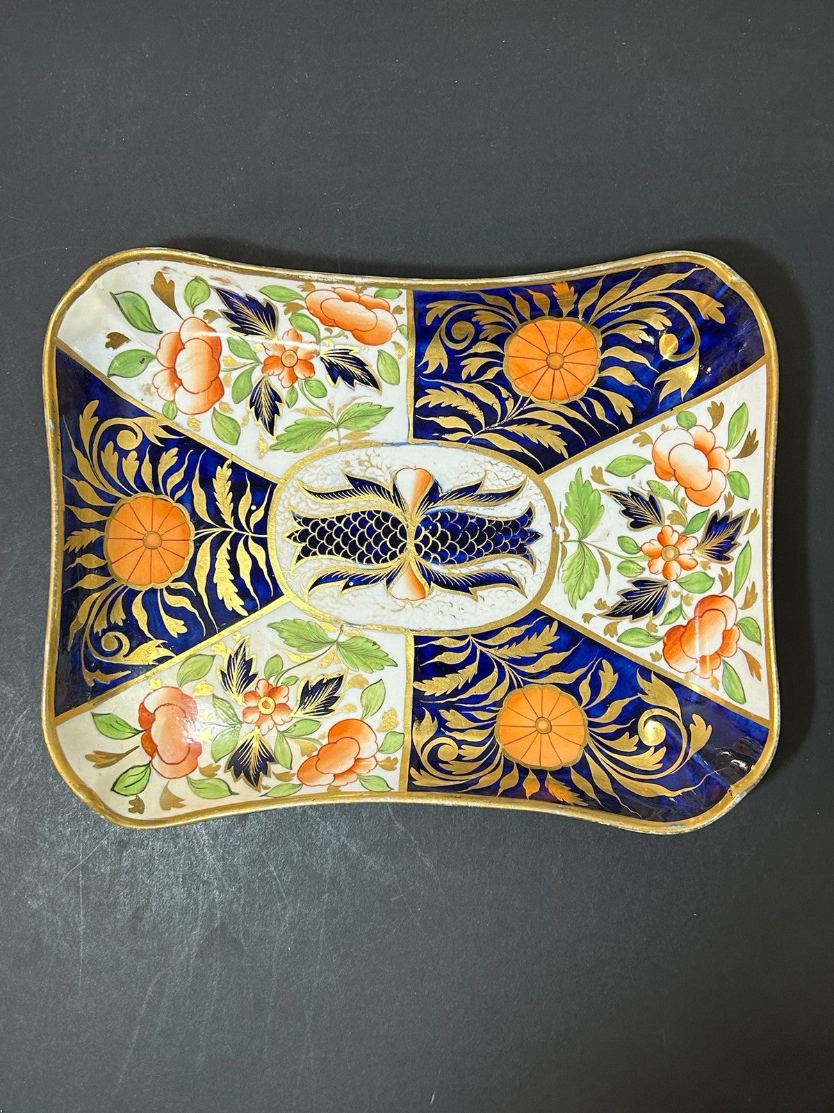 Antique English Porcelain Imari Oblong Dish Old Japan Pattern Cobalt Gilt 24cm0