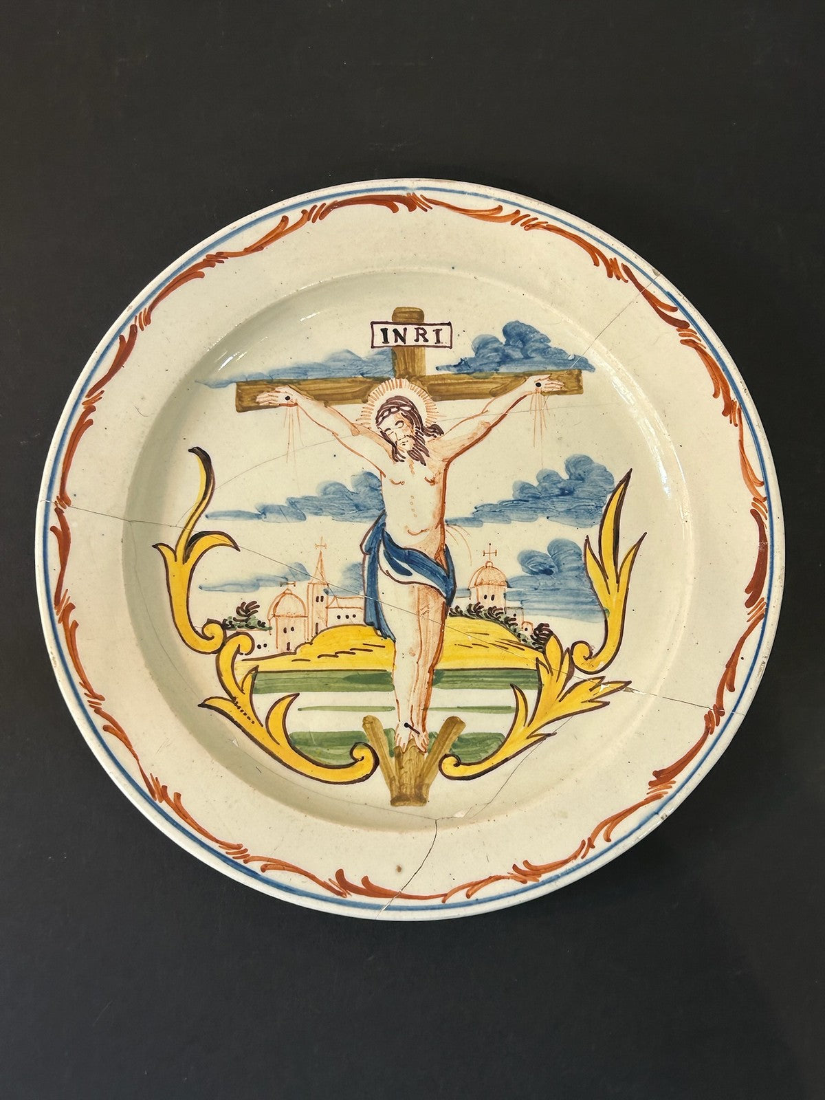 Antique Faience Tin Glazed Plate Hand Painted Crucifixion INRI Restored 22cm0