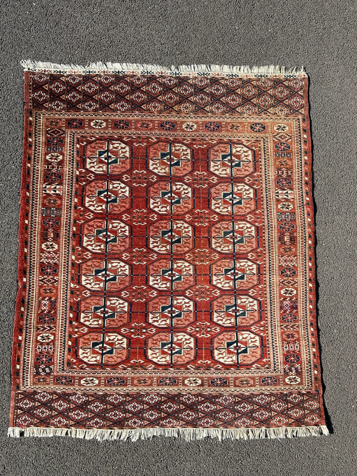 Antique Tekke Turkmen Rug Hand Knotted Wool Bokhara Gul Early 20thC 110x130cm3